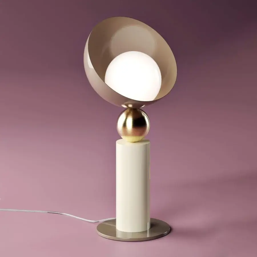 Distinguished Italamp Aurora table lamp with a creamy white cylindrical body and brushed light gold sphere supporting a white glass diffuser