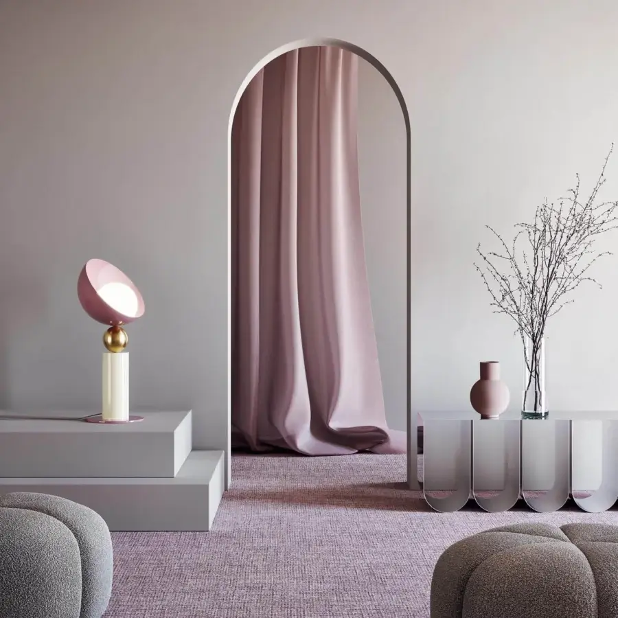 Exclusive Italamp Aurora table lamp with a pink metal structure and spheric white glass diffuser built with light gold details