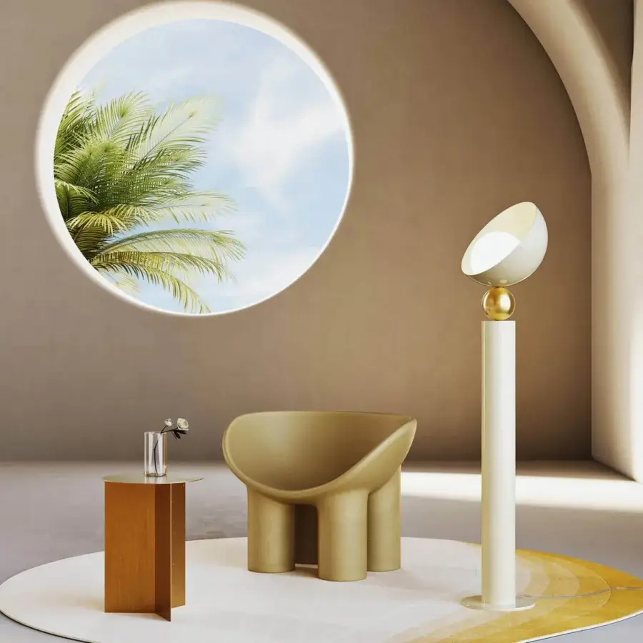 Distinguished Italamp Aurora floor lamp in cream metal with a brushed light gold sphere and white glass shade