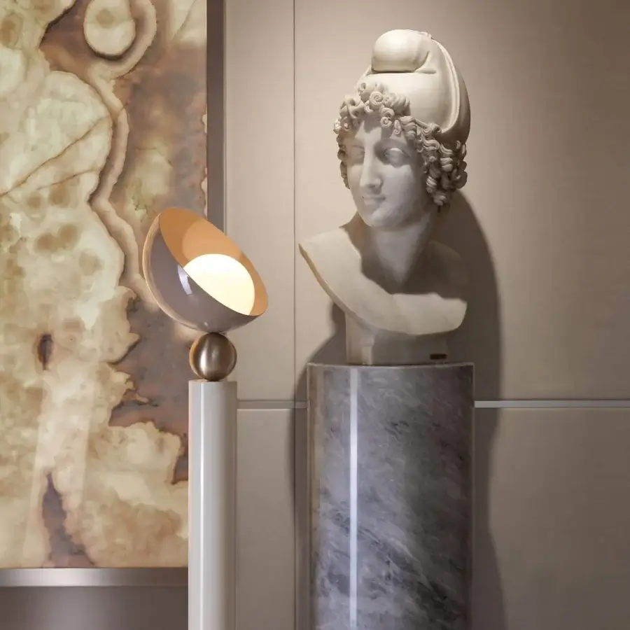 Superior Italamp Aurora floor lamp with matte gray metal and light cream synthetic support, plus a brushed light gold sphere detail
