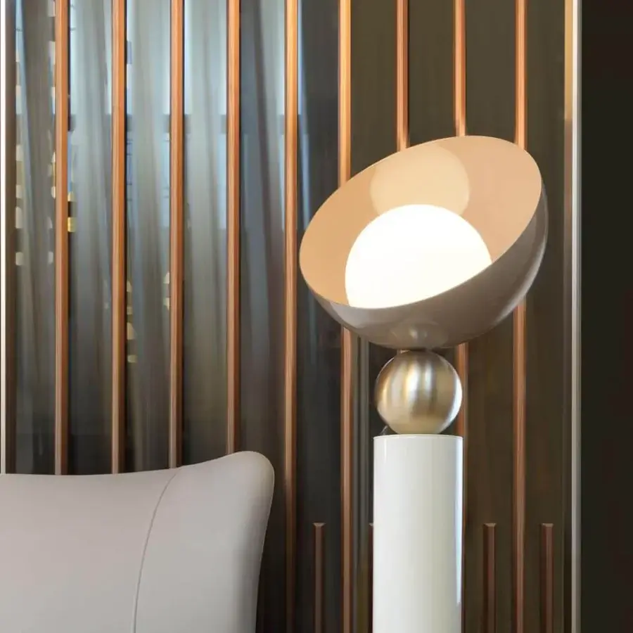 Captivating Italamp Aurora floor lamp with white cylindrical base, brushed light gold metallic sphere, and off-white glass diffuser