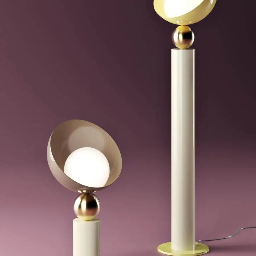 Exclusive Italamp Aurora floor lamp with yellow shade and base, cream cylindrical structure, plus brushed light gold sphere detail