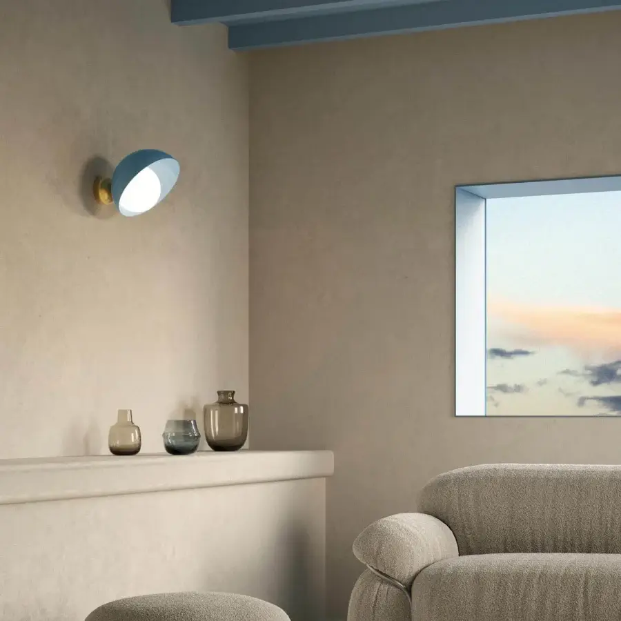 Superior Italamp Aurora wall lamp with a glossy blue lampshade and light gold-finished metal base crafted in Italy