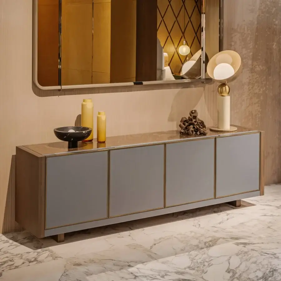 Distinguished Turri Atelier sideboard with walnut wood structure, light gray leather doors and glossy neutral marble top surface