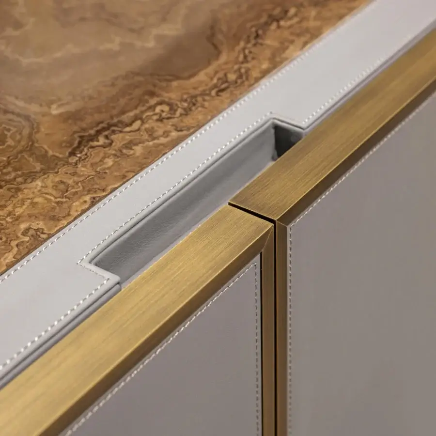 Superior Turri Atelier sideboard with walnut wood, light gray leather and swirling brown marble top with brushed gold trim