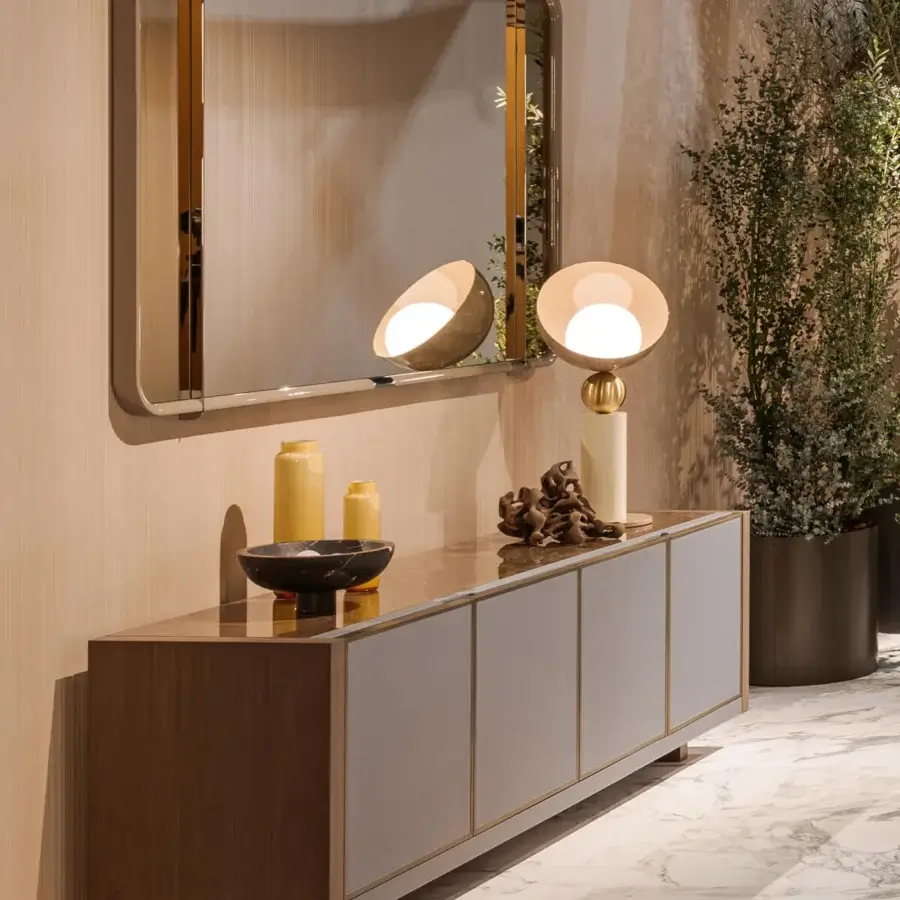 Exclusive Turri Atelier sideboard with walnut wood structure, light gray leather doors and golden trim