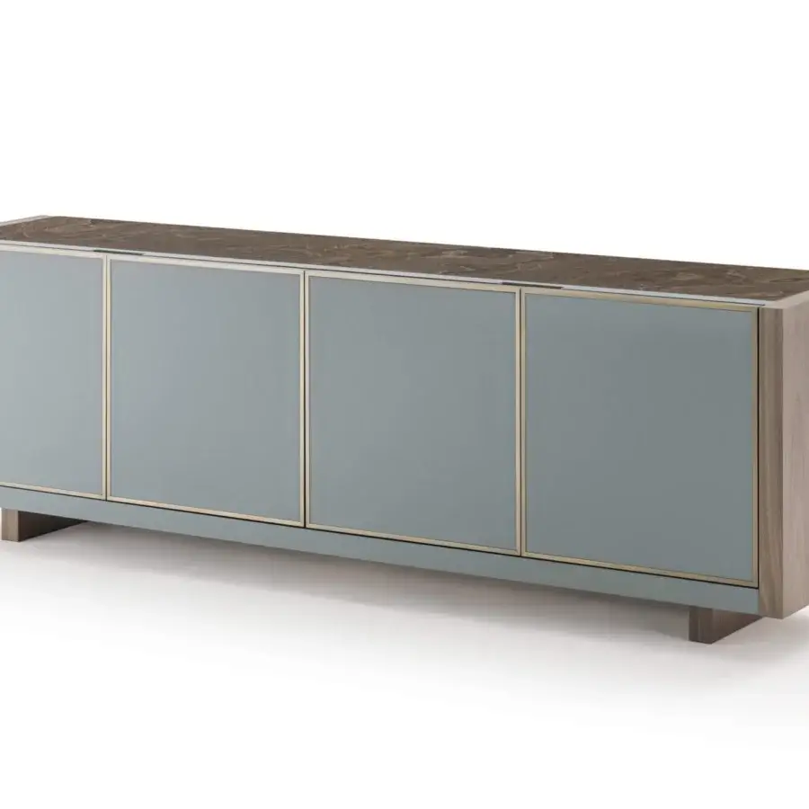 Elegant Turri Atelier sideboard with walnut wood structure, pale blue-grey satin leather doors and dark brown marble-patterned top