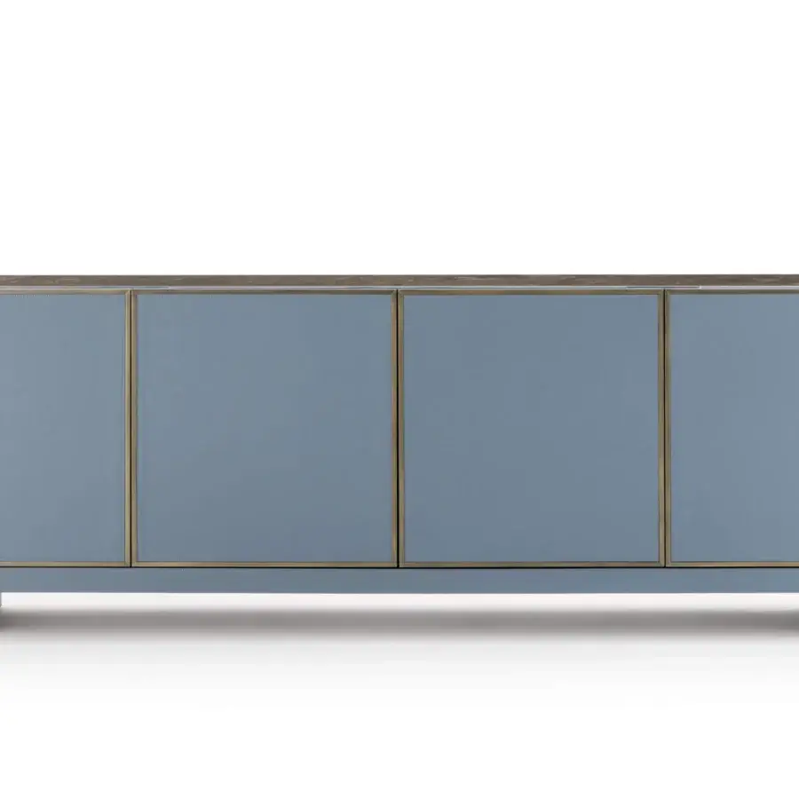 Distinguished Turri Atelier sideboard with walnut wood, blue-gray leather doors framed in metallic tones and a smooth matte finish