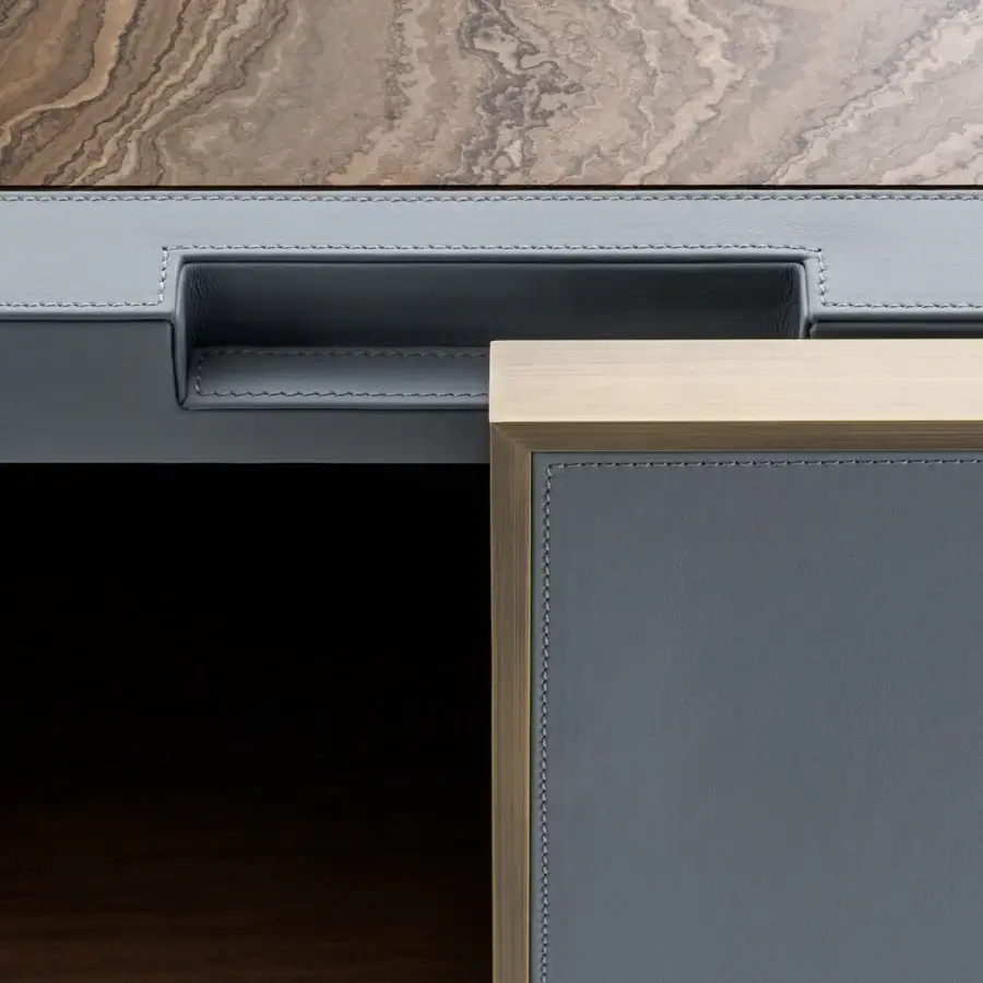 Exceptional Turri Atelier sideboard with glossy lacquered wood, grey leather doors and swirling stone-like top with brass-toned metal accents