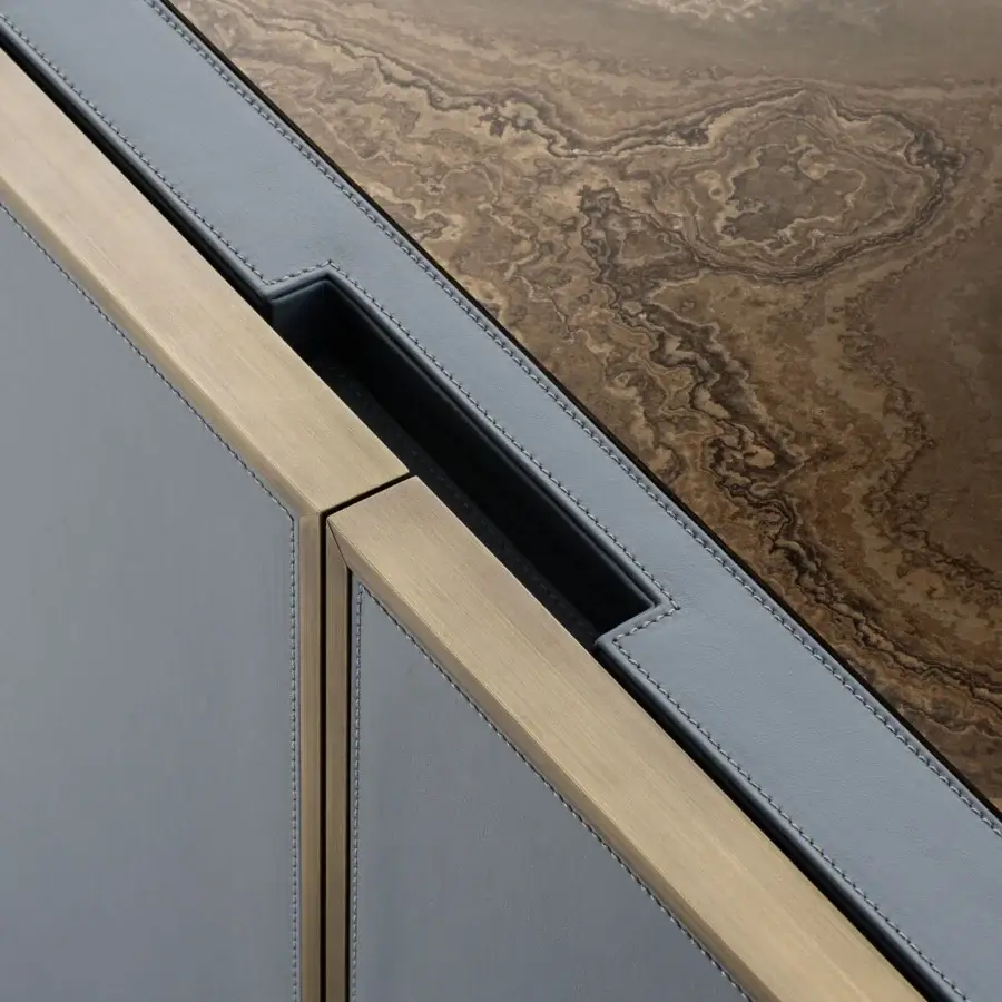 Superior Turri Atelier sideboard with glossy lacquered wood, grey leather doors and swirling brown marble surface