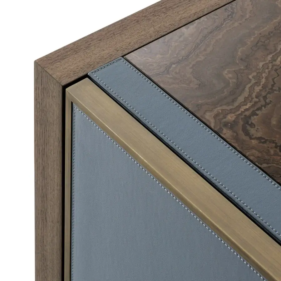Distinctive Turri Atelier sideboard crafted with walnut wood and leather doors, presenting a brown marble top with light blue accents framed in bronze trim