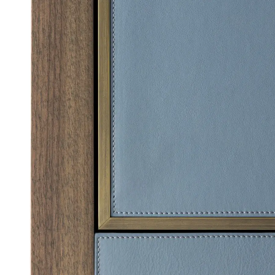 Superior Turri Atelier sideboard crafted with walnut wood and blue leather applications, showcasing a matte metal finish