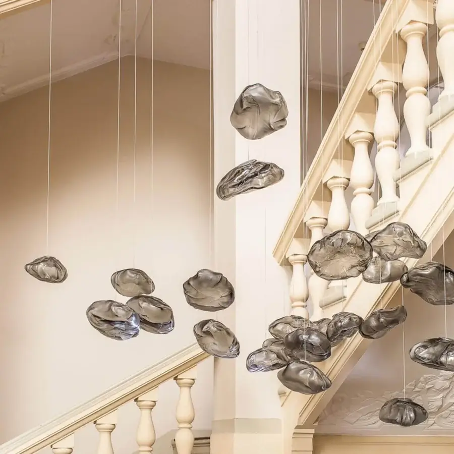Superior Bocci 73 suspension lamp with smoky grey hand-blown glass pendants diffusing light in organic forms
