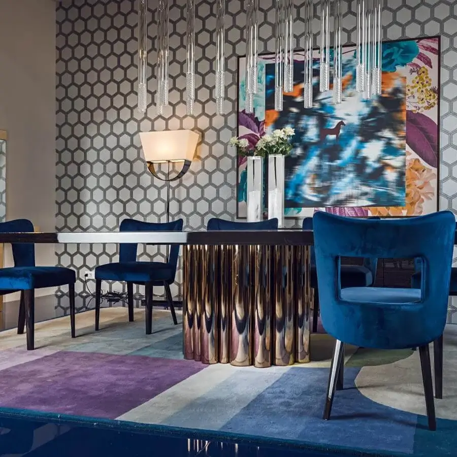 Distinguished Costantini Pietro Bess chair with vivid blue textile and a high gloss wood structure crafted in Italy