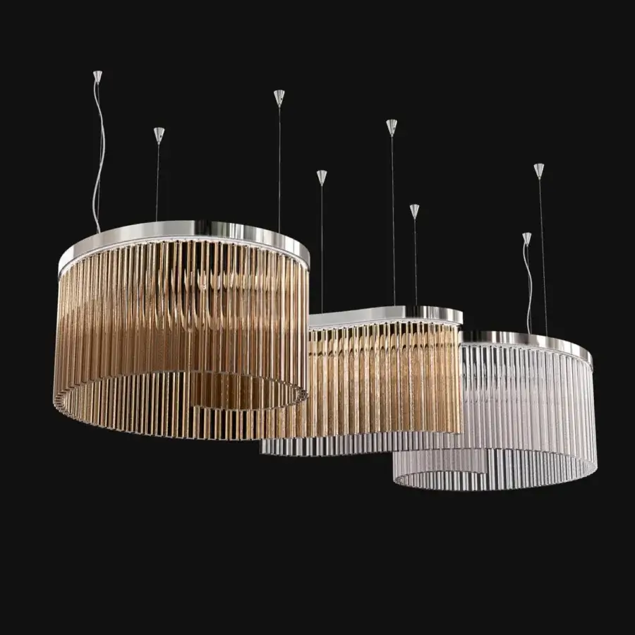Elegant Italamp Carmen suspension lamp with cascading clear and golden glass quadrihedrons in chrome finish