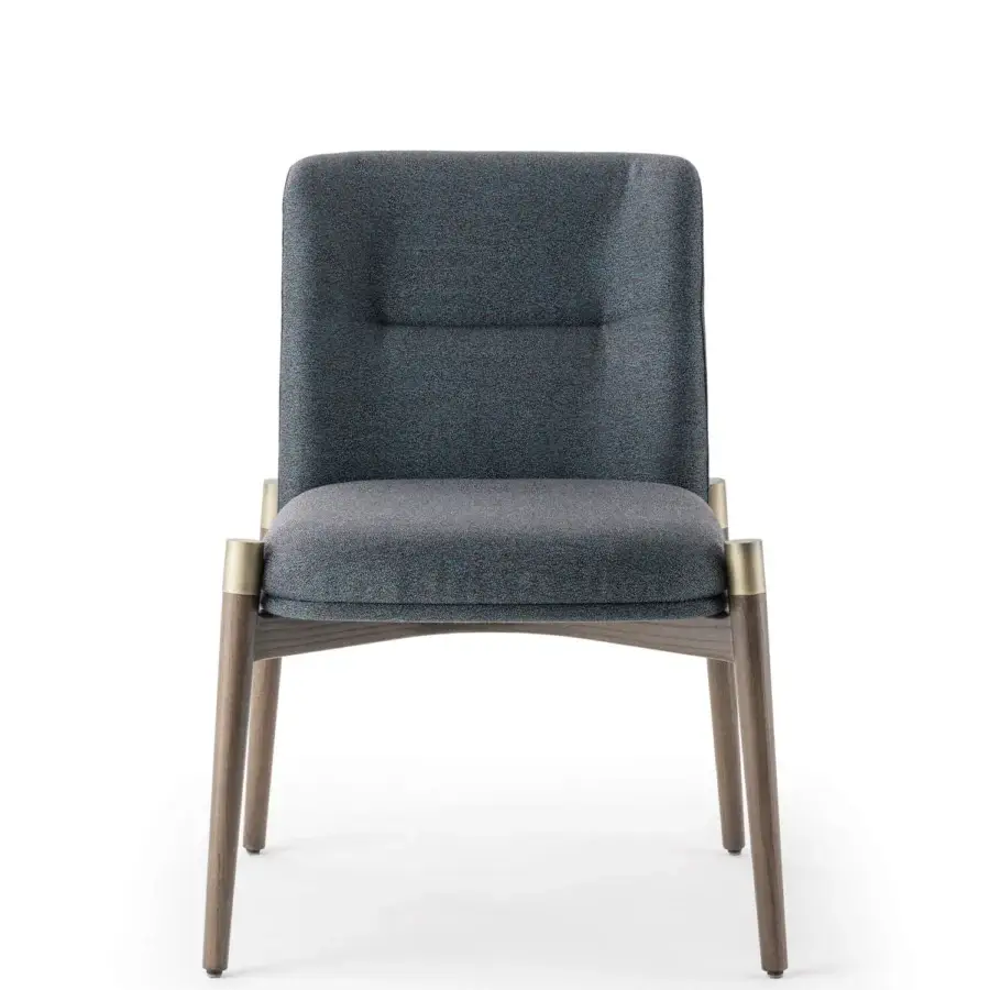 Superior Turri Atelier chair with walnut wood structure, brass details and blue-gray upholstered seat and backrest