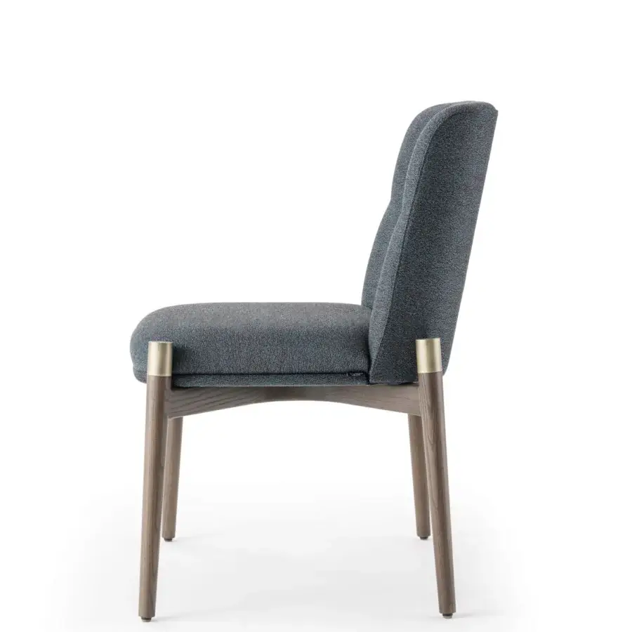 Exceptional Turri Atelier chair crafted with walnut wood, brass details and coarse gray-blue textile upholstery with a matte finish