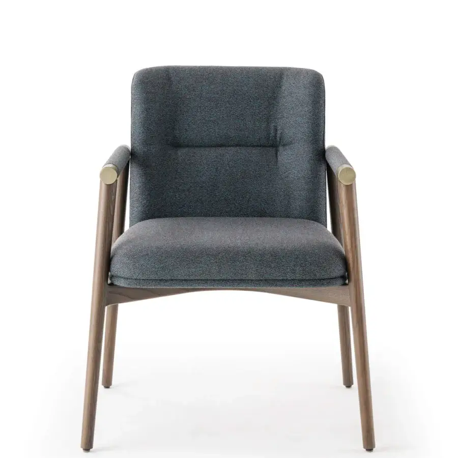 Superior Turri Atelier chair with walnut wood structure, brass details and textured gray-blue matte upholstery