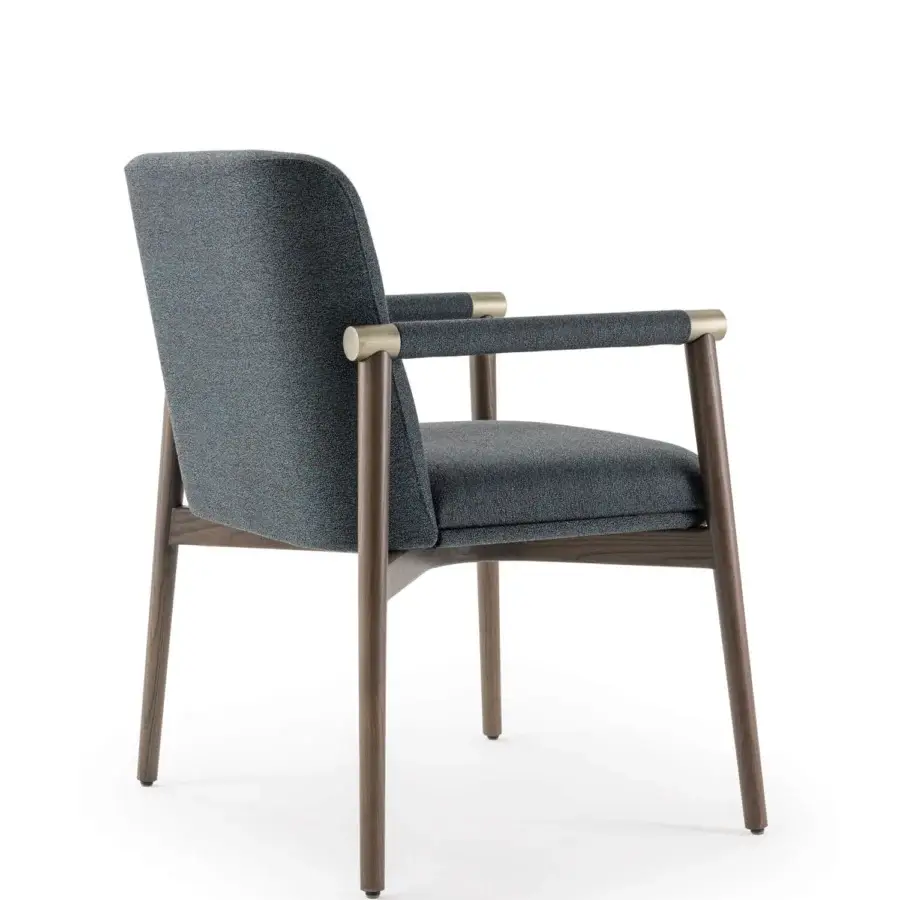 Distinguished Turri Atelier chair with walnut wood, brass details and textured dark grey textile upholstery