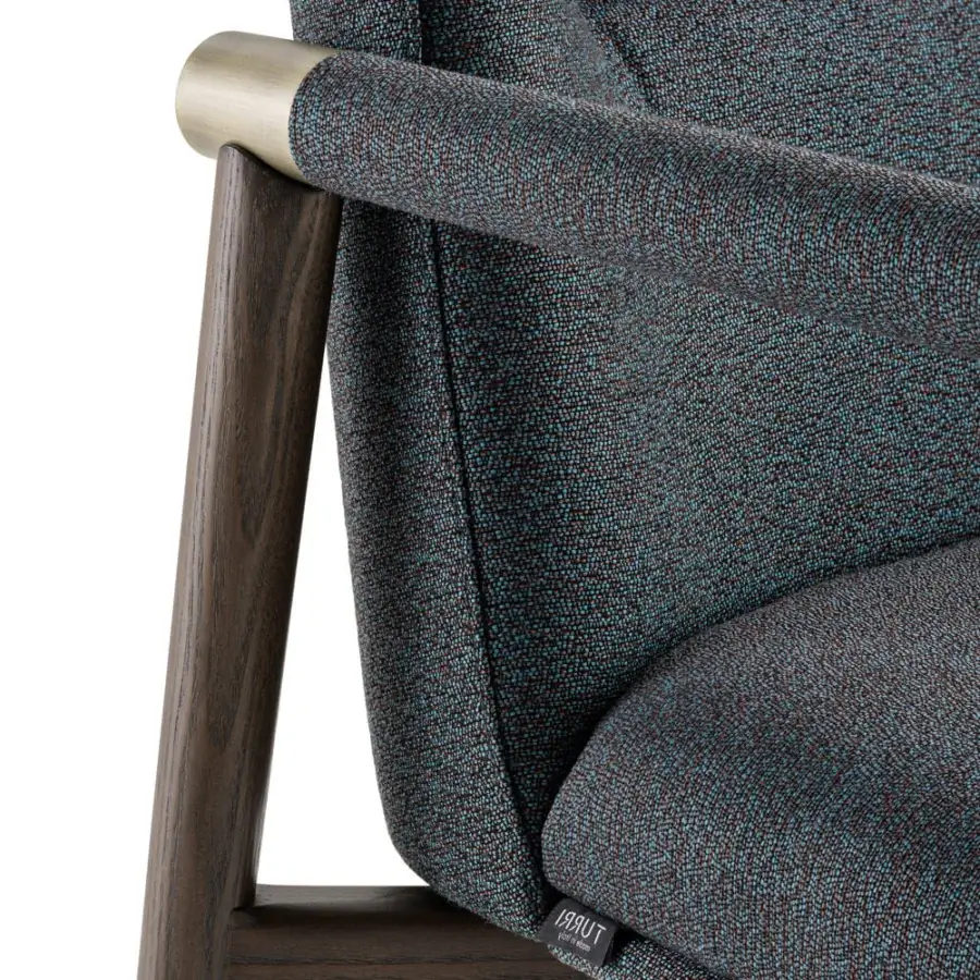 Exceptional Turri Atelier chair crafted with walnut wood, brass details and textured blue, gray, brown textile upholstery