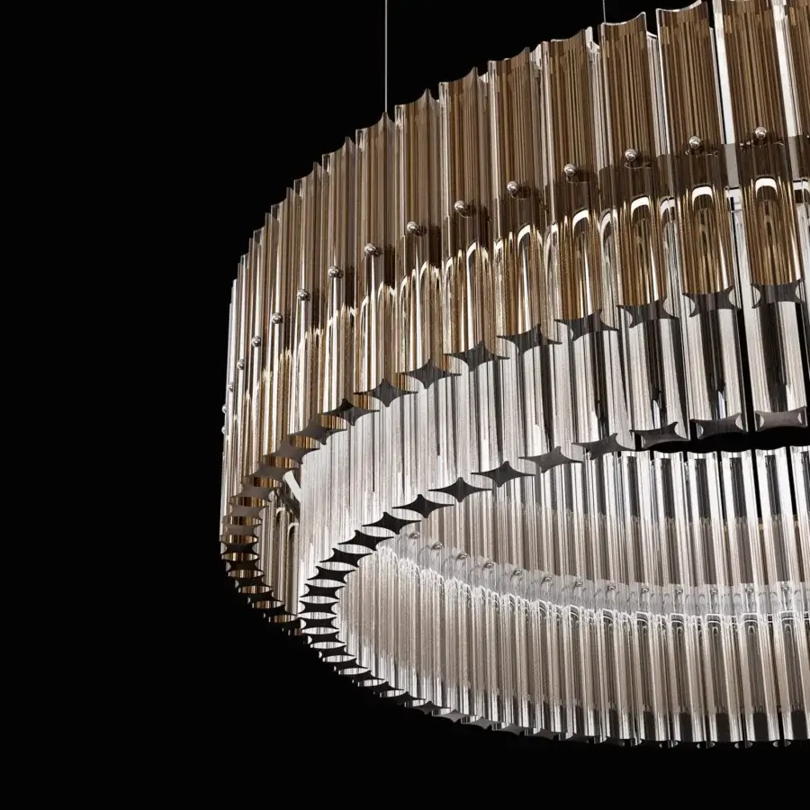 Exceptional Italamp Carmen suspension lamp with tiered quadrihedron glass diffusers and chrome finished metal structure