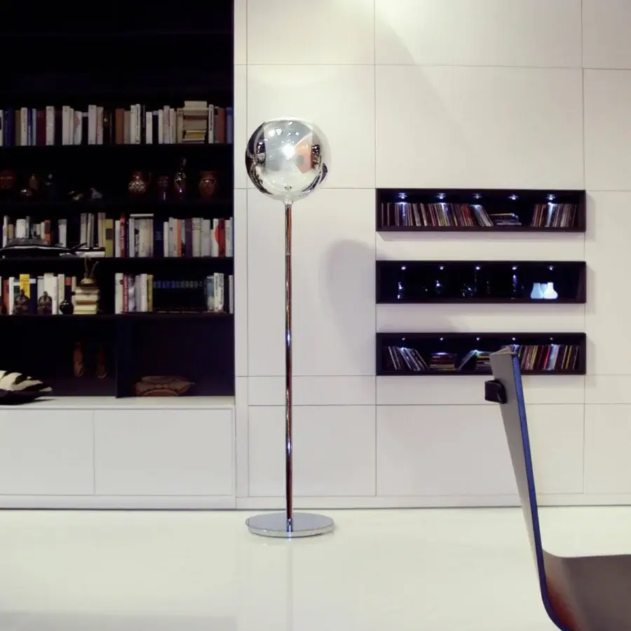 Distinguished Penta Glo floor lamp with mirrored glass and sandblasted shades, built with a slender chromed metal stand and circular base