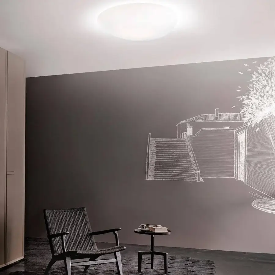 Refined Vistosi Neochic ceiling lamp with matt white glass lampshade and glossy white metal parts