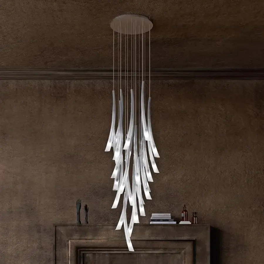 Distinguished Italamp Pulsa suspension lamp with fluted blown glass pendants in white and a light gold metal structure