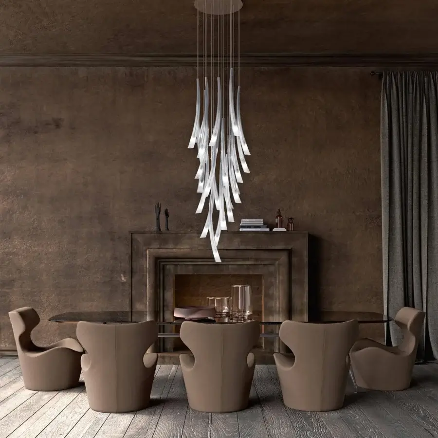 Superior Italamp Pulsa suspension lamp with fluted blown glass pendants in white and light gold metal structure