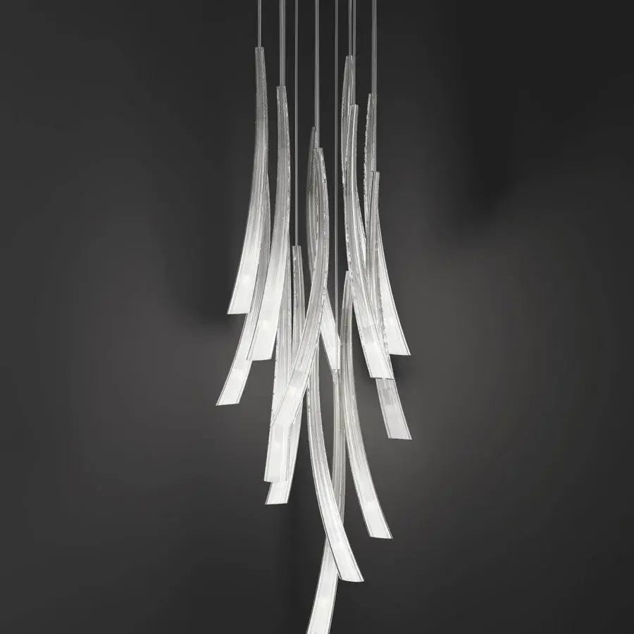 Exceptional Italamp Pulsa suspension lamp with fluted blown glass pendants and a light gold metal structure