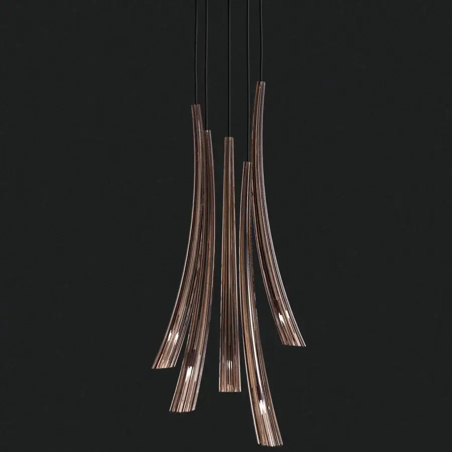 Elegant Italamp Pulsa suspension lamp with fluted blown glass pendants and a light gold metal structure in dove finish