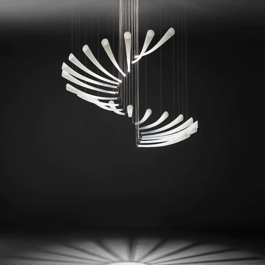 Exceptional Italamp Pulsa Spira suspension lamp with twirling artistic blown glass pendants in white and iron grey metal structure