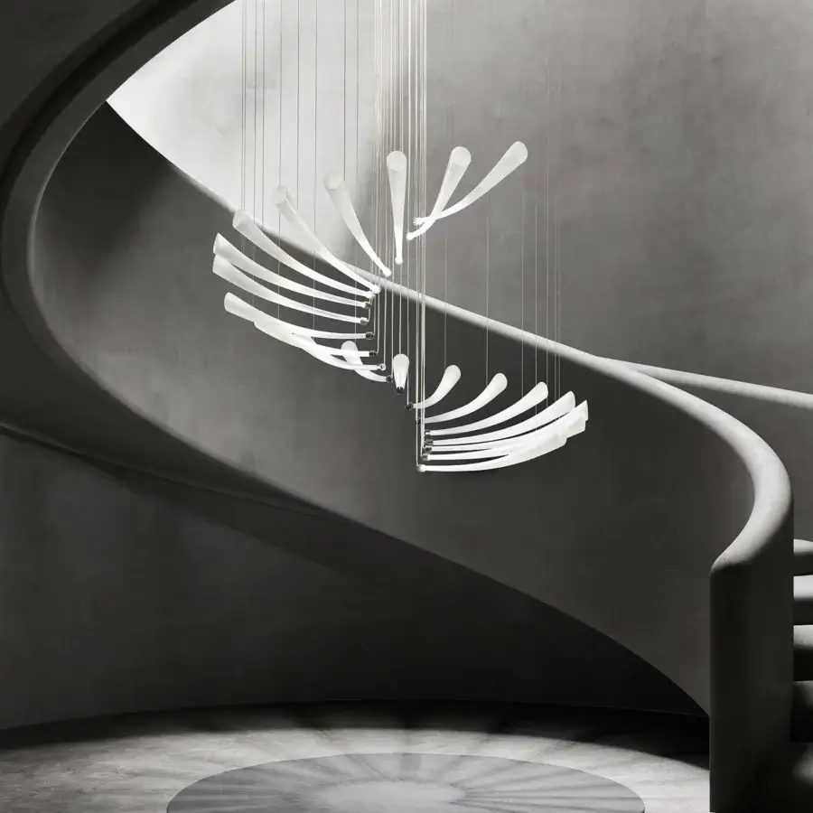 Superior Italamp Pulsa Spira suspension lamp with swirling artistic blown glass pendants in iron grey metal structure