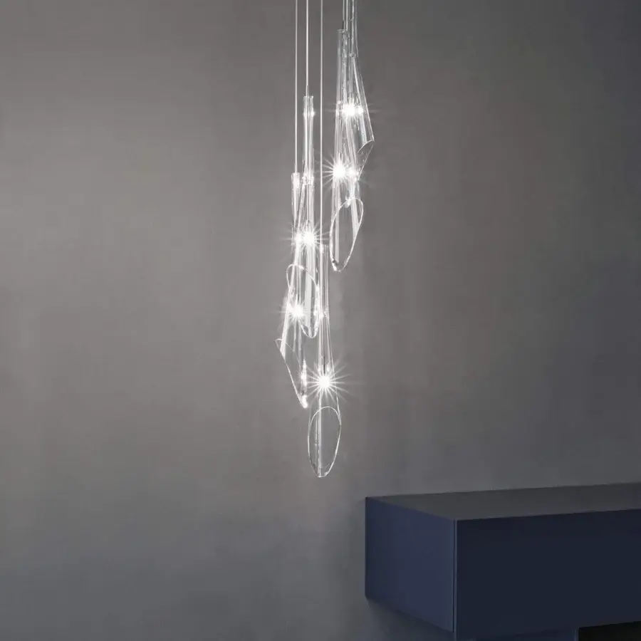 Elegant Terzani Calle suspension lamp with clear crystal elements mimicking a calla lily bouquet and starburst reflections