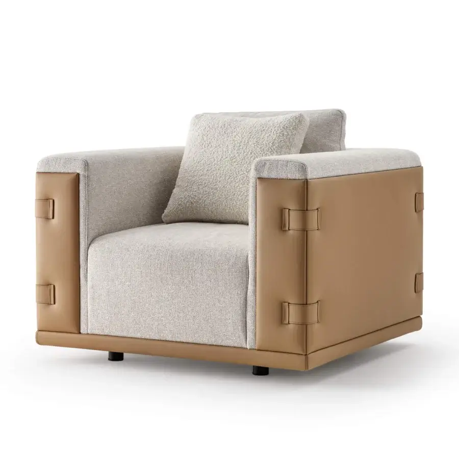 Exceptional Turri Atelier lounge chair crafted in light beige woven textile with tan leather inserts for a contemporary aesthetic