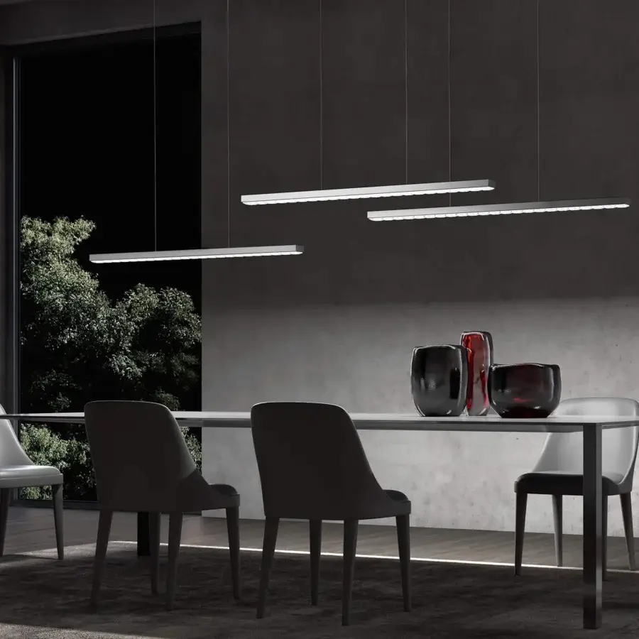Distinguished Italamp Aura suspension lamp in satin silver with slender metal body and diffused light