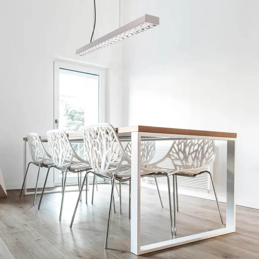Exceptional Italamp Aura suspension lamp with rectangular prisms in satin silver and transparent krek glass diffusers