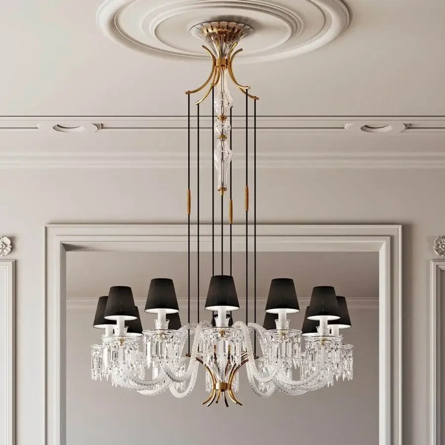 Exclusive Italamp Margot chandelier with tiered artistic glass and crystal plus anthracite fabric lampshades in a matt black metal frame