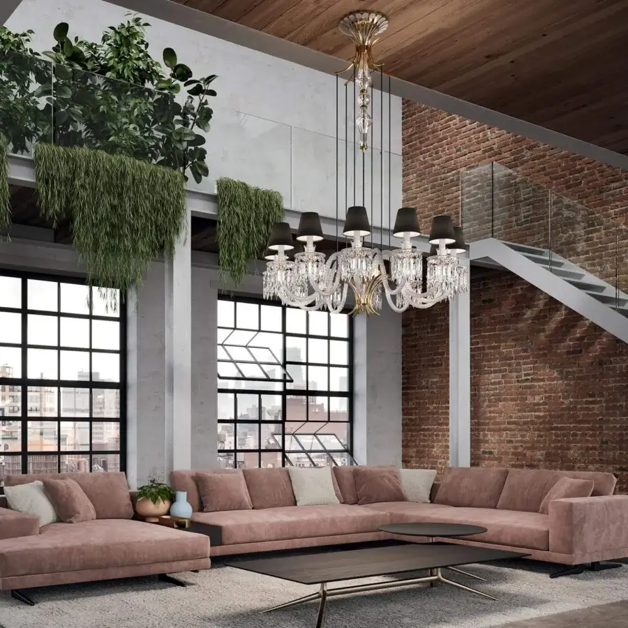 Exceptional Italamp Margot chandelier displaying tiered transparent glass crystals with black fabric lampshades and light gold metal accents in a matt black finish