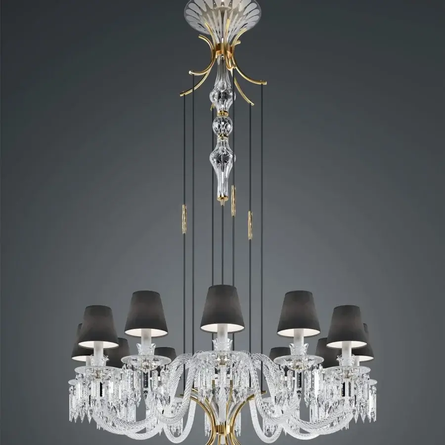 Lavish Italamp Margot chandelier displaying anthracite fabric lampshades with a matt black metal structure and light gold accents