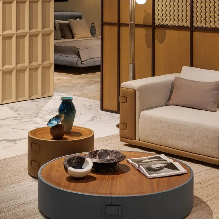 Distinguished Turri Atelier sofa with light beige fabric padding and contrasting brown leather trim
