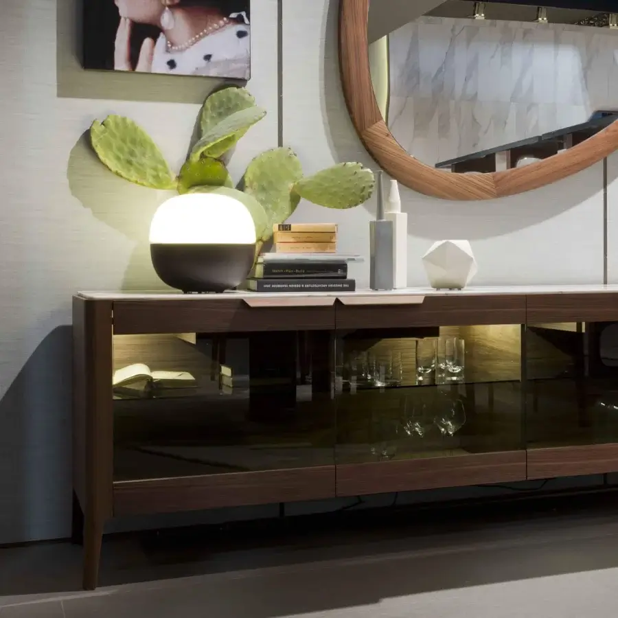 Superior Porada Bolla lamp with Ash Wenge stained base and Smoked Glass diffuser emitting a soft ambient glow