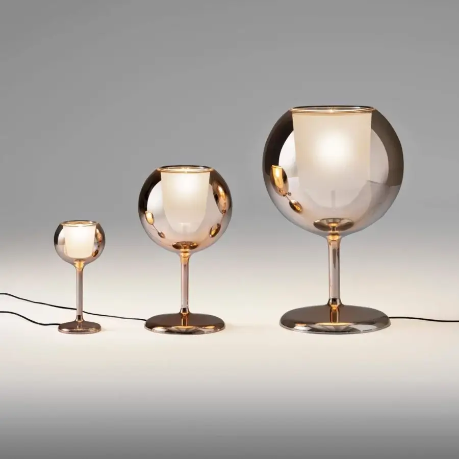 Exceptional Penta Glo table lamp with mirrored rose-gold glass and sandblasted inner shade, built with glossy metal finish