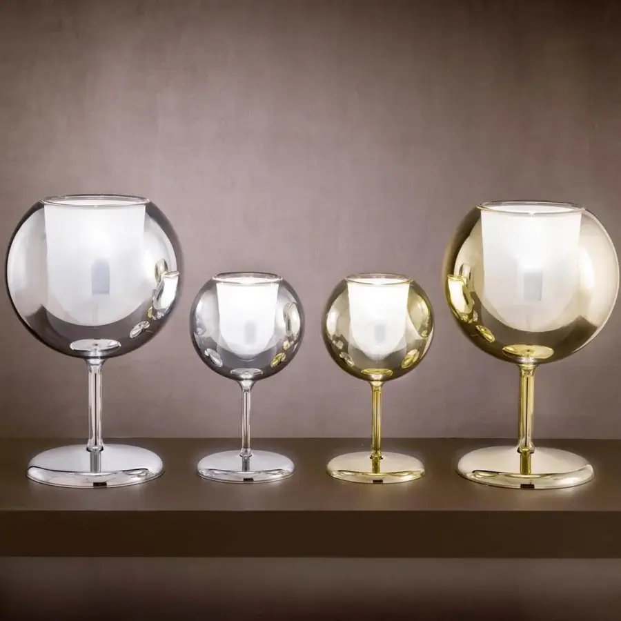 Superior Penta Glo table lamp with mirrored glass outer shade and sandblasted inner in glossy gold tone