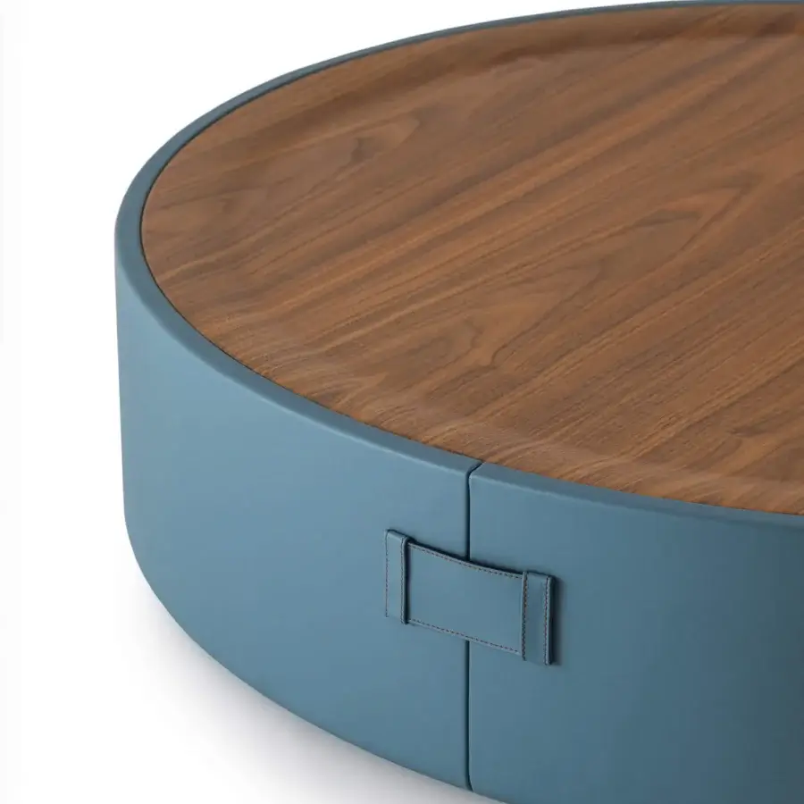 Exclusive Turri Atelier coffee table with a beveled walnut wood top and cylindrical blue leather base