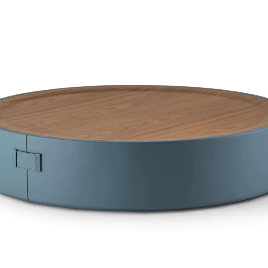 Superior Turri Atelier coffee table crafted with a cylindrical blue leather base and beveled walnut wood top
