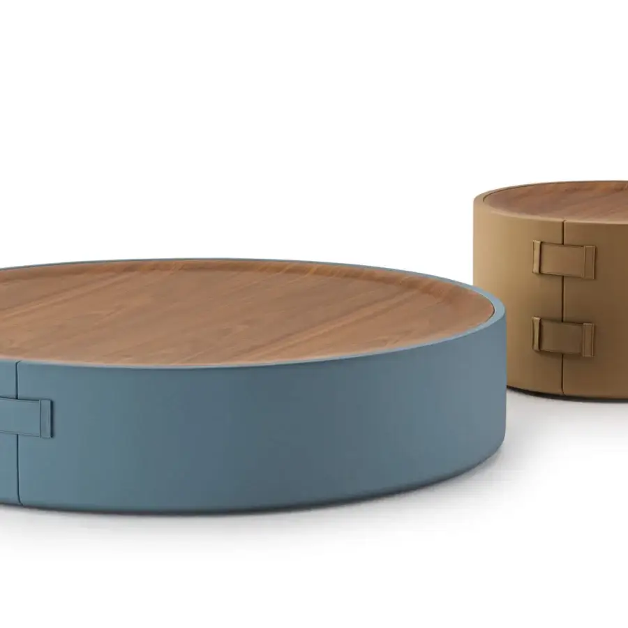 Lavish Turri Atelier coffee table with a cylindrical blue leather base and beveled walnut wood top crafted in Italy