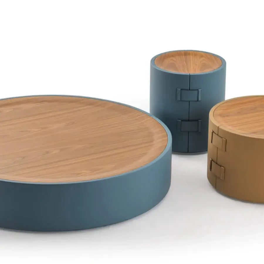 Exceptional Turri Atelier coffee table with a cylindrical blue leather structure and inward beveled walnut wood surface