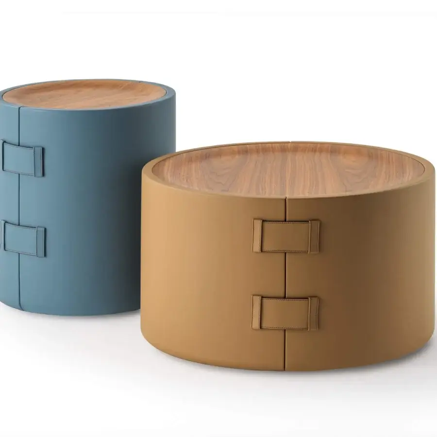 Superior Turri Atelier coffee table with cylindrical blue leather and beveled walnut wood top