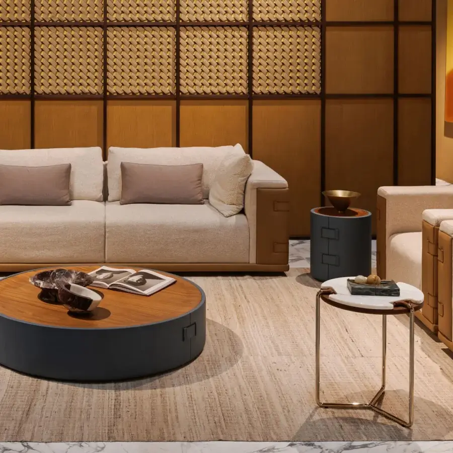 Lavish Turri Atelier coffee table with cylindrical shape, walnut wood top and distinctive leather buckle detailing in matte finish